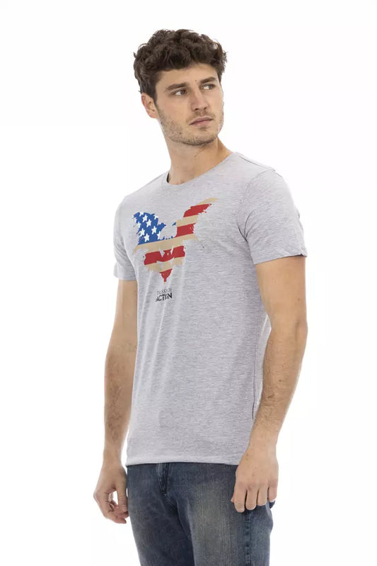 A gray cotton men's t-shirt with a graphic design on the front, featuring an American flag motif