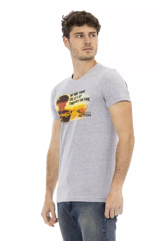 A gray cotton men's t-shirt with a graphic print on the front