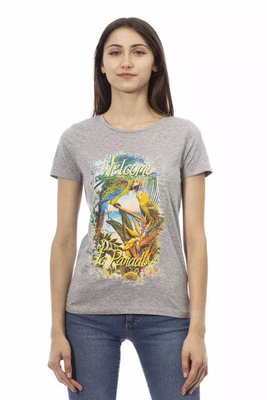 Woman wearing gray t-shirt with colorful graphic design