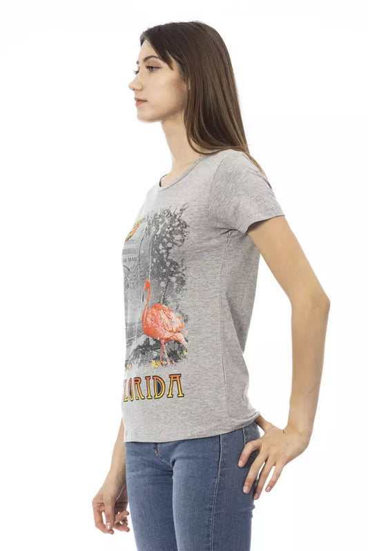 A gray cotton women's t-shirt with a graphic print on the front