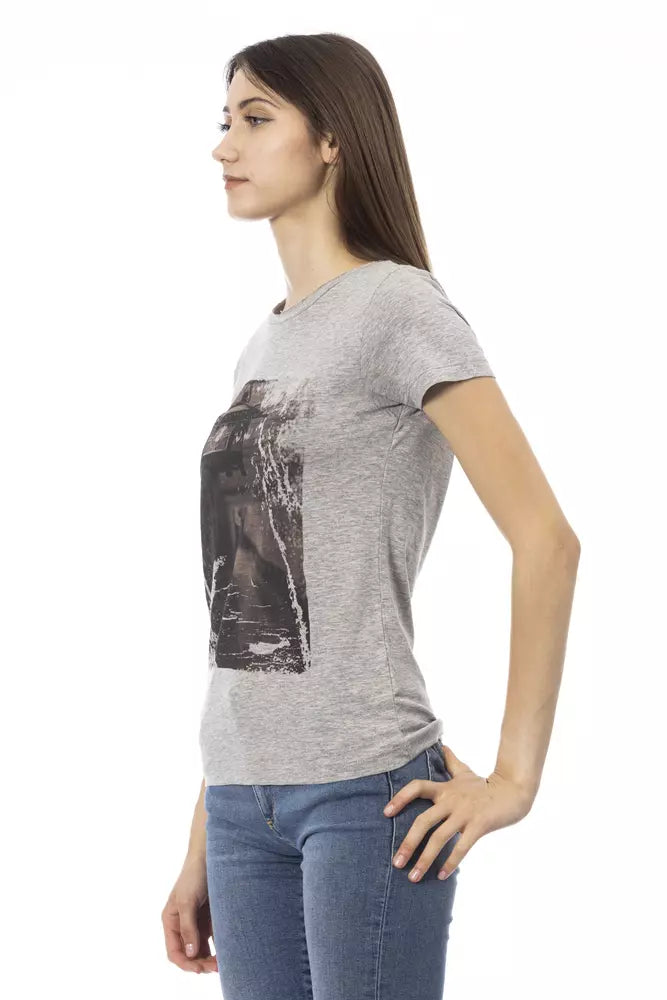 A gray cotton women's t-shirt with a graphic print on the front