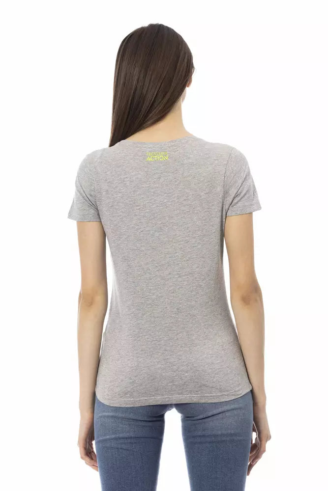 Grey short sleeve t-shirt on a woman's back
