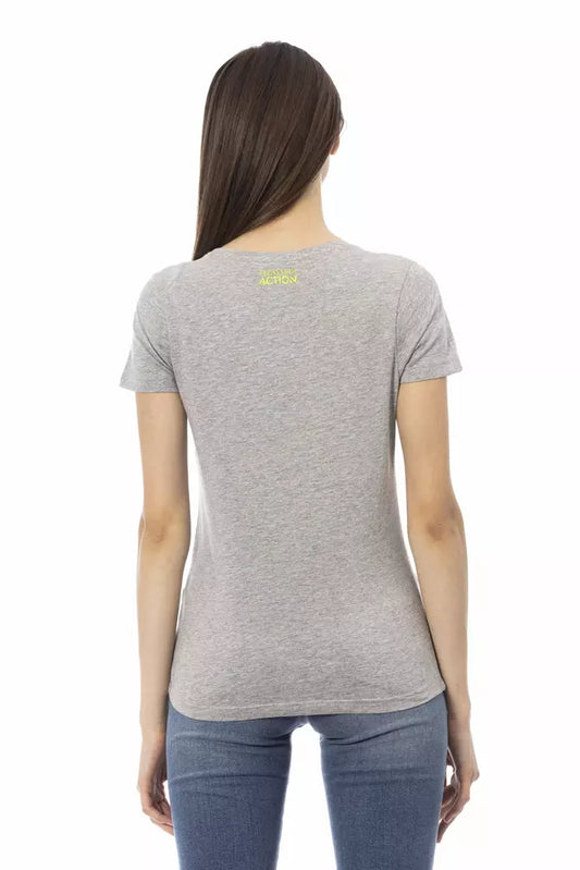 Grey short sleeve t-shirt on a woman's back