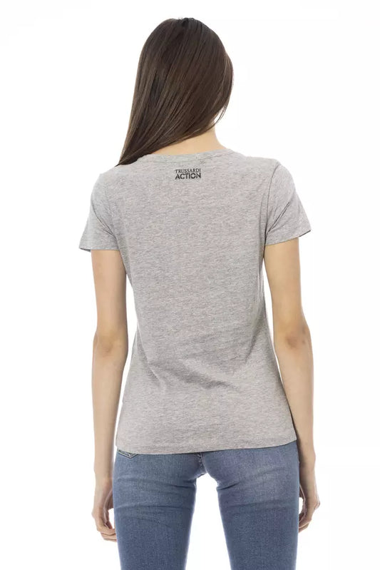A gray cotton women's t-shirt with a round neckline, short sleeves and a small logo on the back