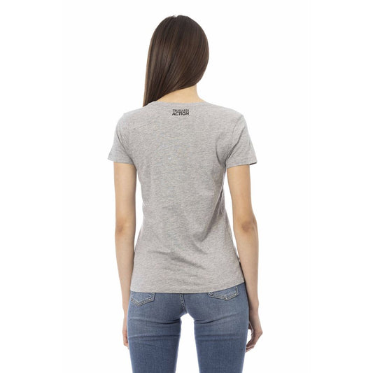 Grey short sleeve t-shirt on a woman's back