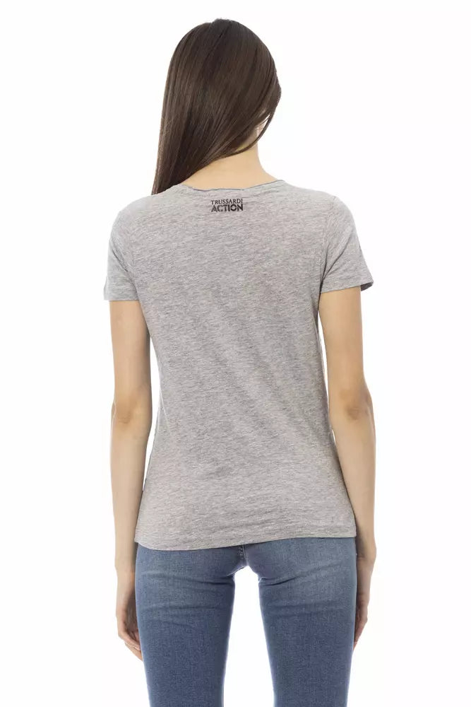 Grey short sleeve t-shirt on a woman's back