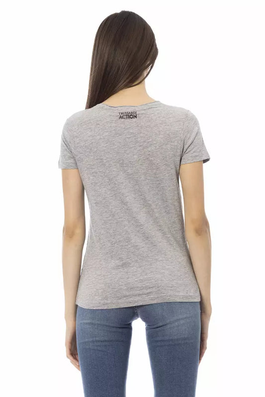 Grey short sleeve t-shirt on a woman's back