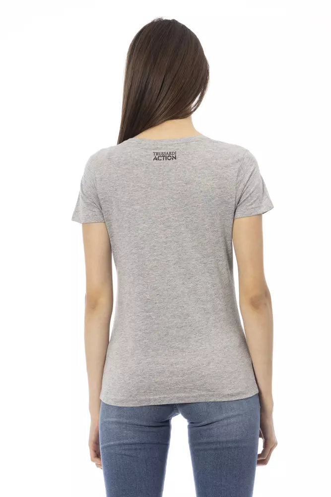 A gray cotton women's t-shirt with a logo on the back
