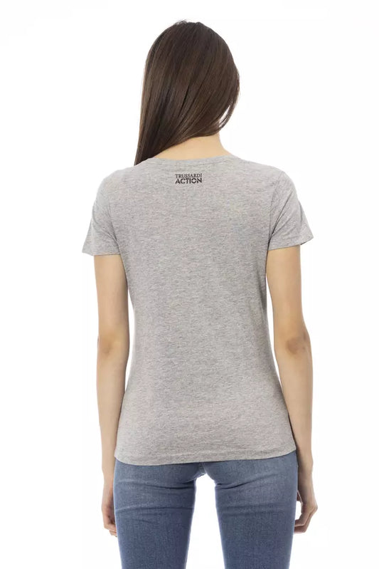 A gray cotton women's t-shirt with a logo on the back