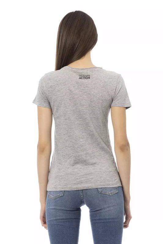A gray cotton women's t-shirt with a logo on the back