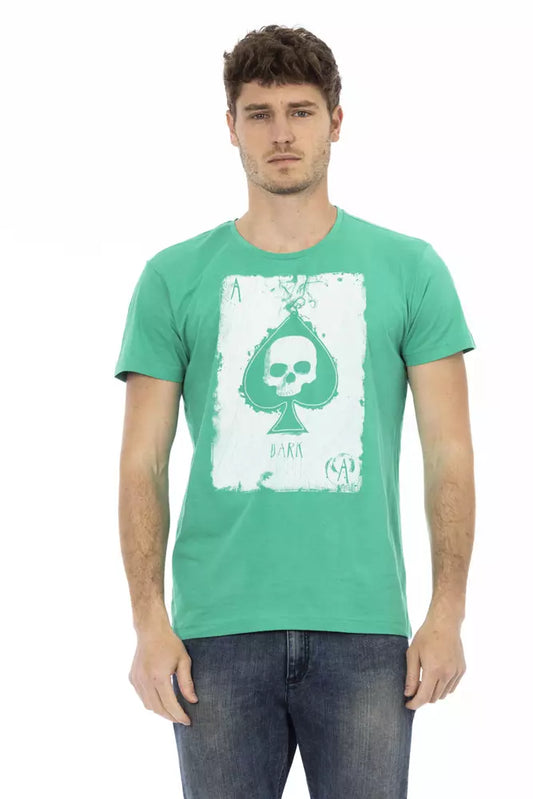 Man wearing green t-shirt with white skull design
