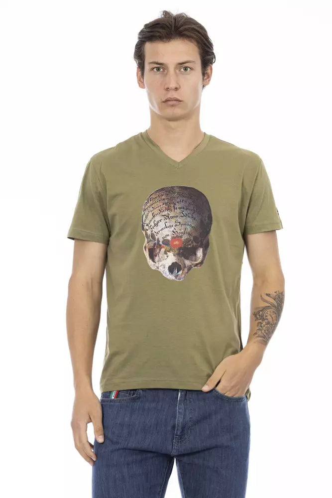 Man wearing green t-shirt with skull graphic