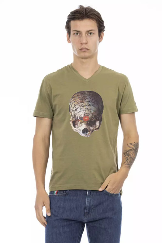 Man wearing green t-shirt with skull graphic