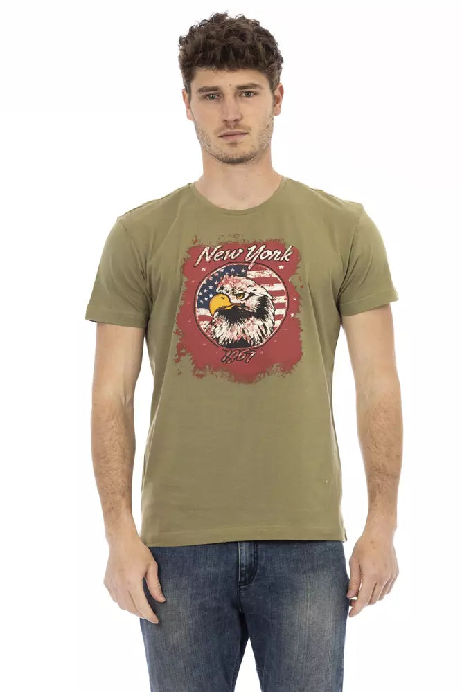 Man wearing olive green t-shirt with graphic design on front
