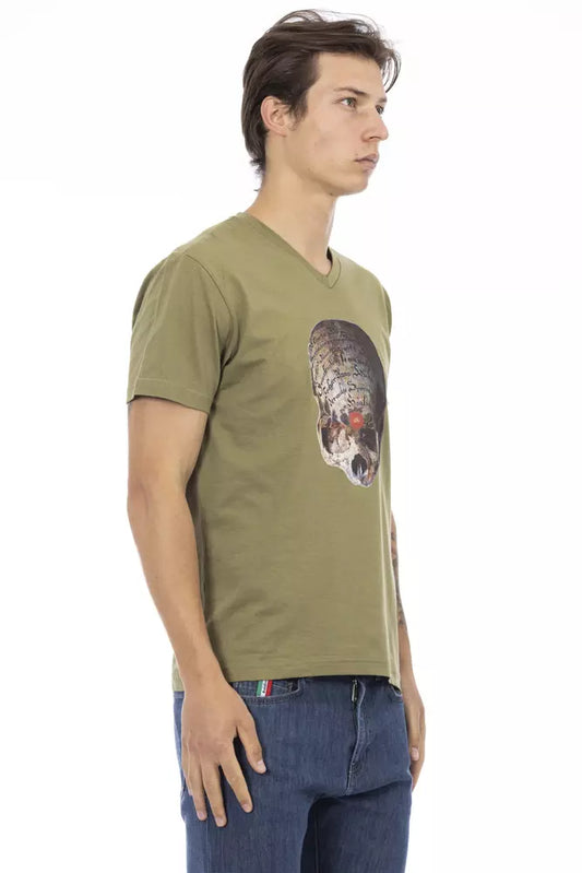 Man wearing green t-shirt with graphic design on front