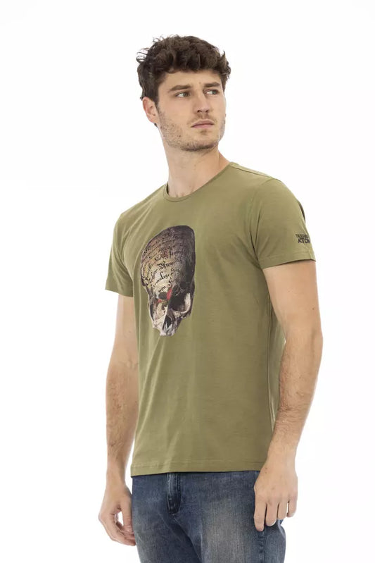 A mannequin wearing a green cotton men's t-shirt with a skull design on the front
