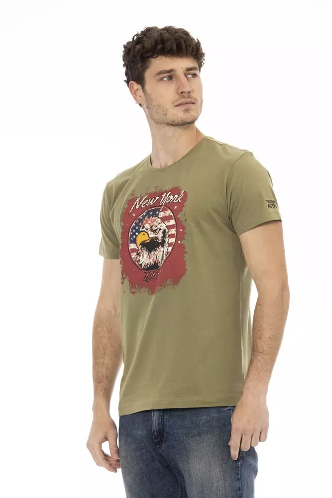 Man wearing olive green t-shirt with graphic design on front