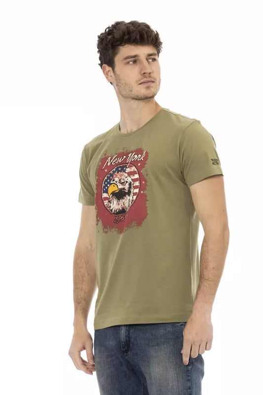 Man wearing olive green t-shirt with graphic design on front