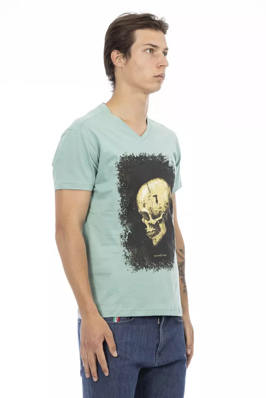 Man wearing a graphic t-shirt with a skull design