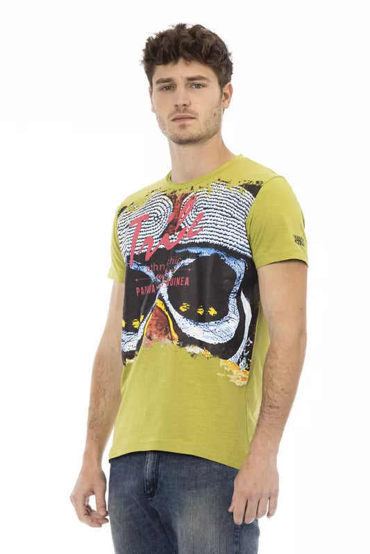 A mannequin wearing a green cotton men's t-shirt with a graphic design on the front