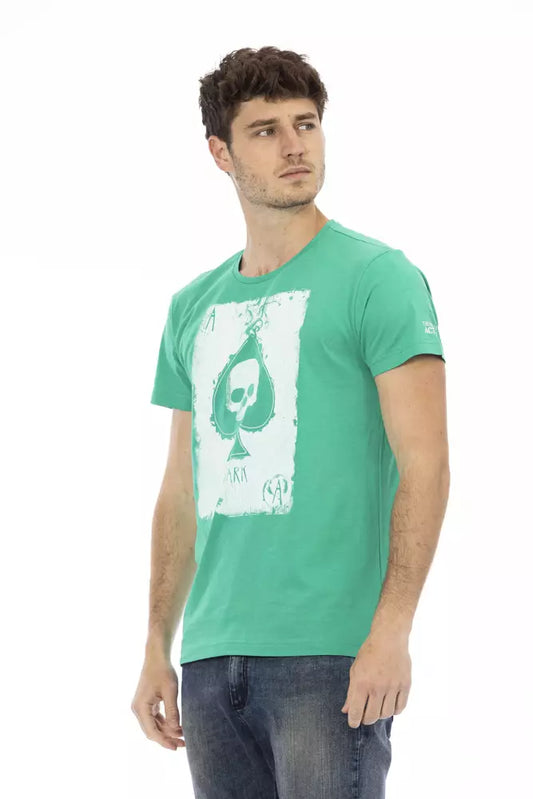 Man wearing green t-shirt with graphic design