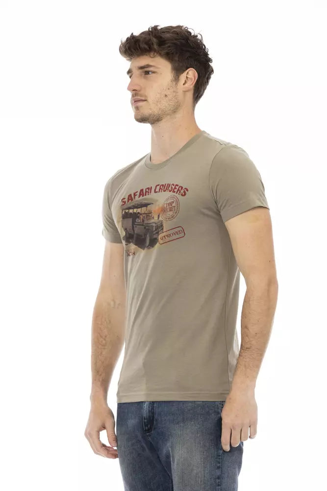 A mannequin wearing a green cotton men's t-shirt with an action print on the front