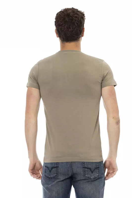 A mannequin wearing a green cotton men's t-shirt with short sleeves and a round neckline