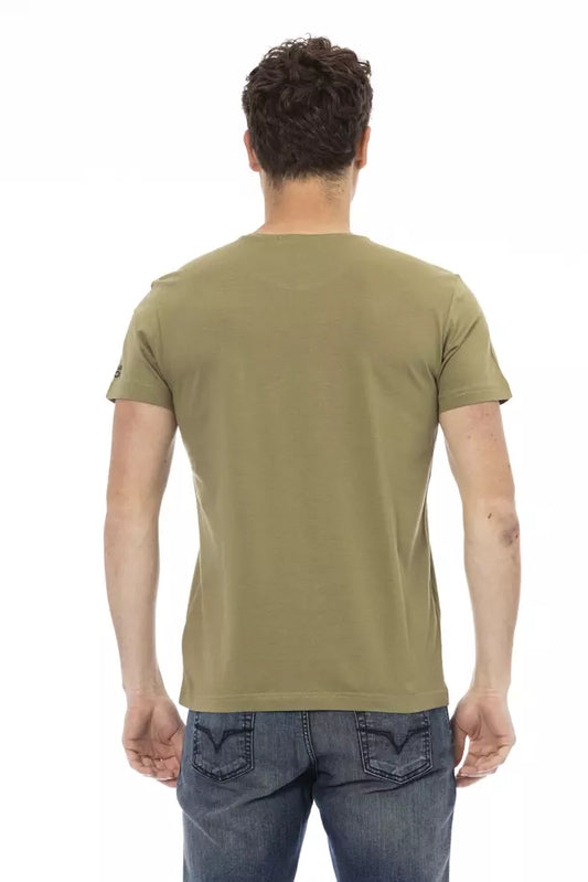 Man wearing olive green t-shirt