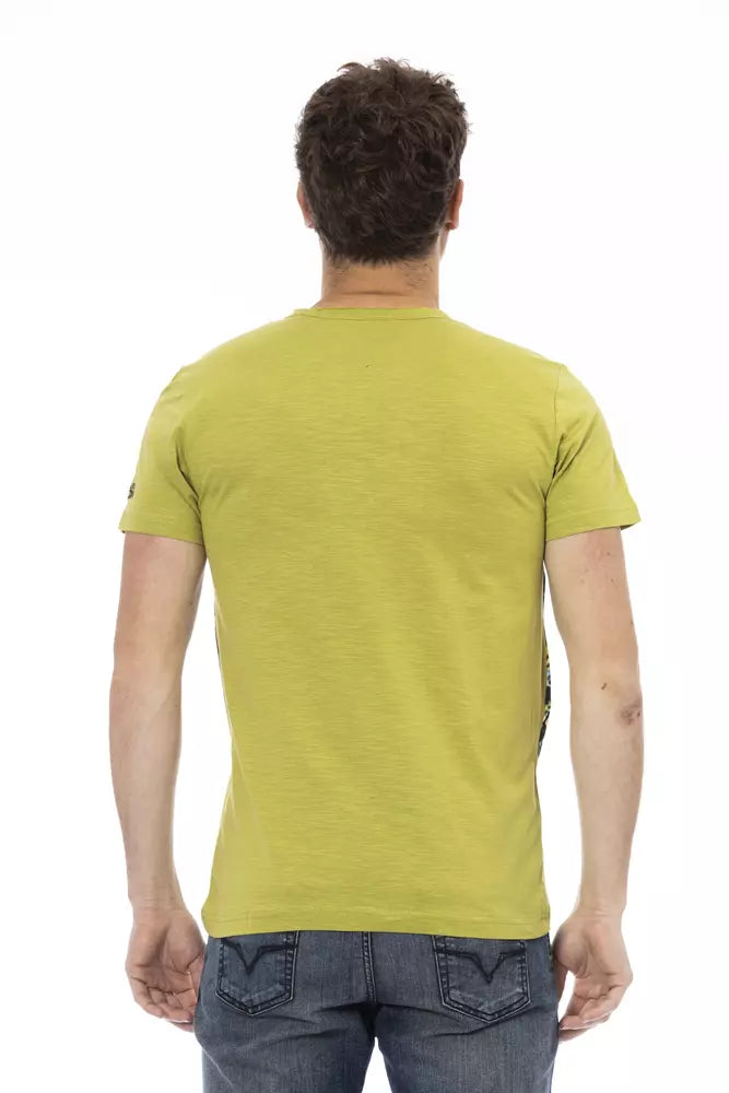 A mannequin wearing a yellow cotton men's t-shirt with short sleeves and a crew neck