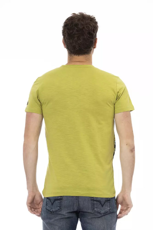 A mannequin wearing a yellow cotton men's t-shirt with short sleeves and a crew neck