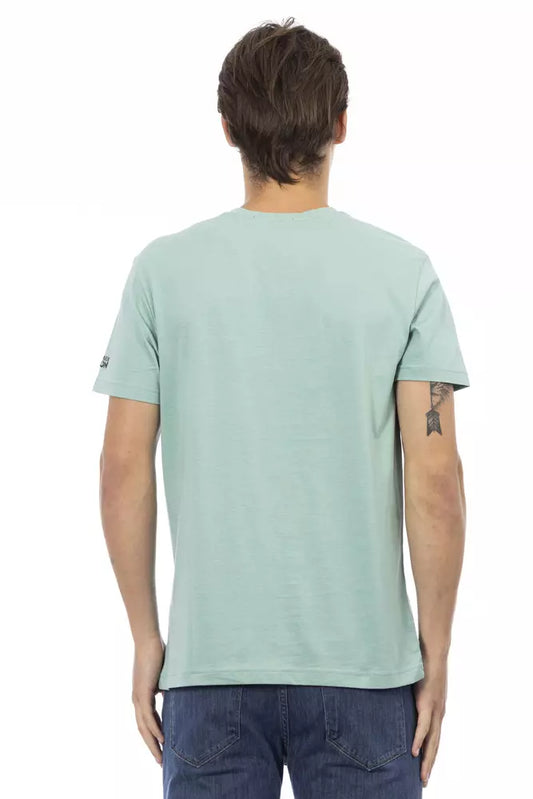 Man wearing light blue t-shirt