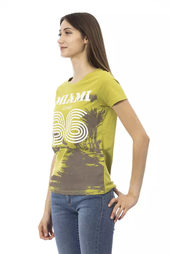 Woman wearing yellow shirt with Miami design