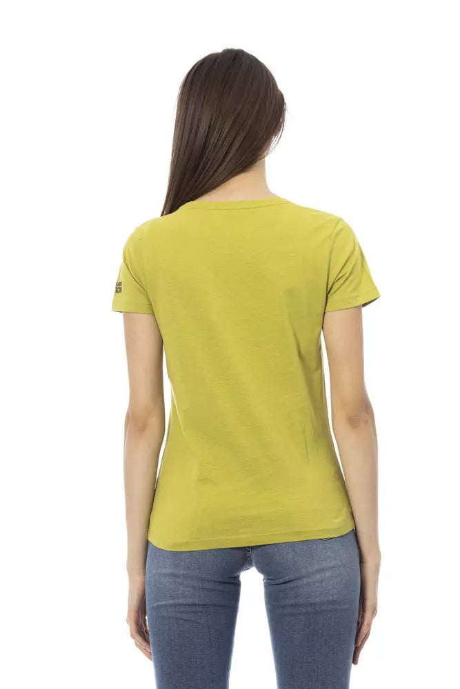 A yellow women's t-shirt with short sleeves