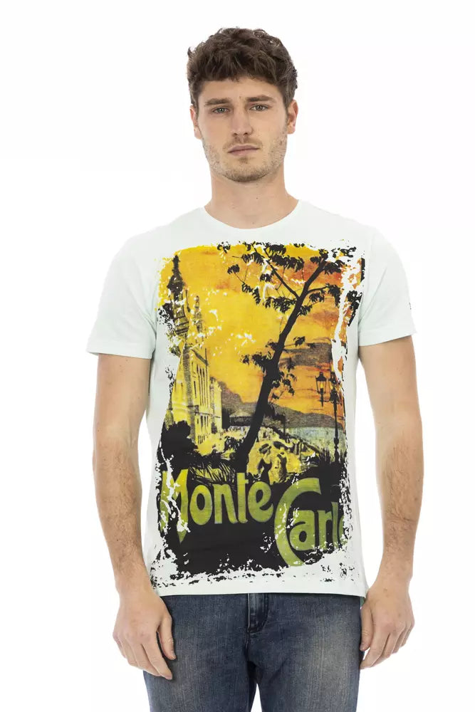 Man wearing graphic t-shirt with trees and skyline