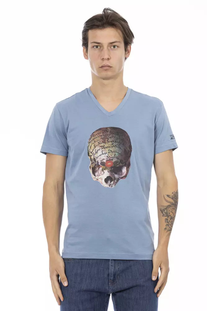 Man wearing blue t-shirt with skull graphic