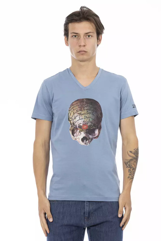 Man wearing blue t-shirt with skull graphic