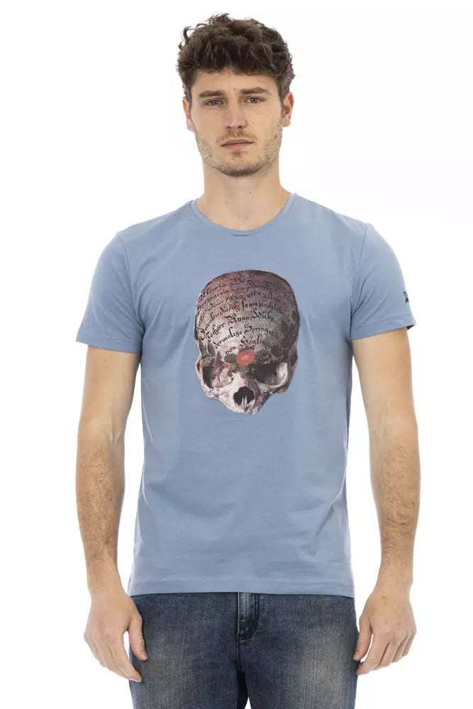 Man wearing blue t-shirt with skull graphic