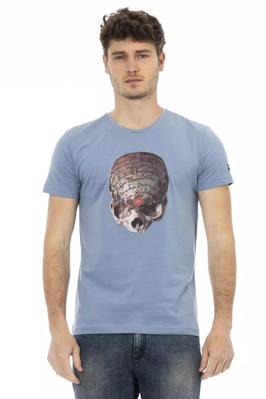 Man wearing blue t-shirt with skull graphic