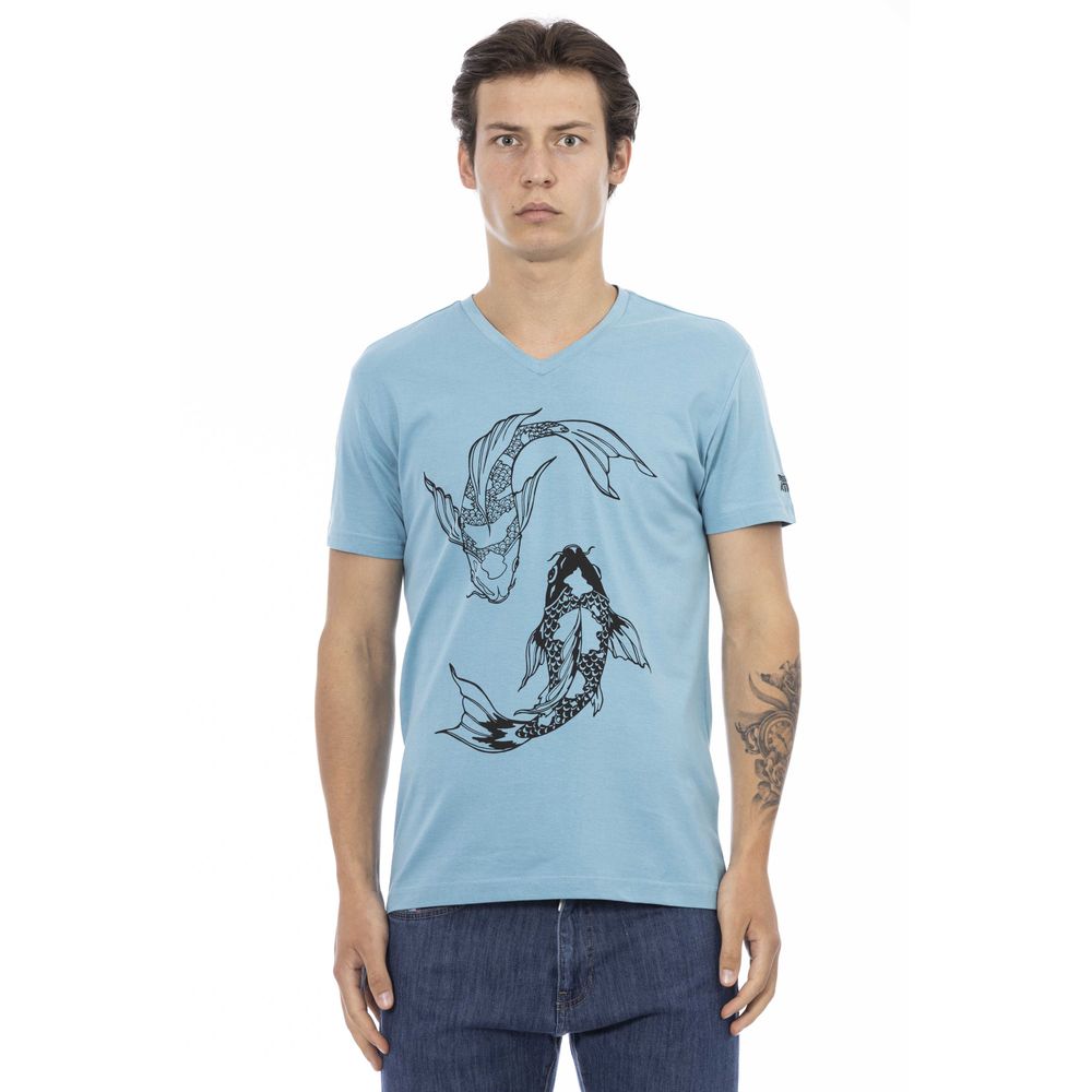 Man wearing blue t-shirt with graphic design of fish
