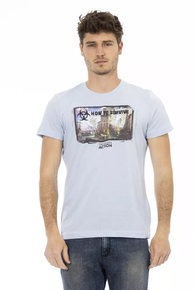 Man wearing blue t-shirt with graphic design