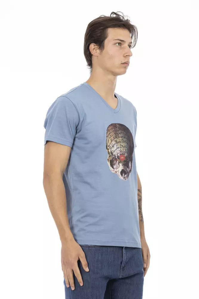 Man wearing blue t-shirt with graphic design on front