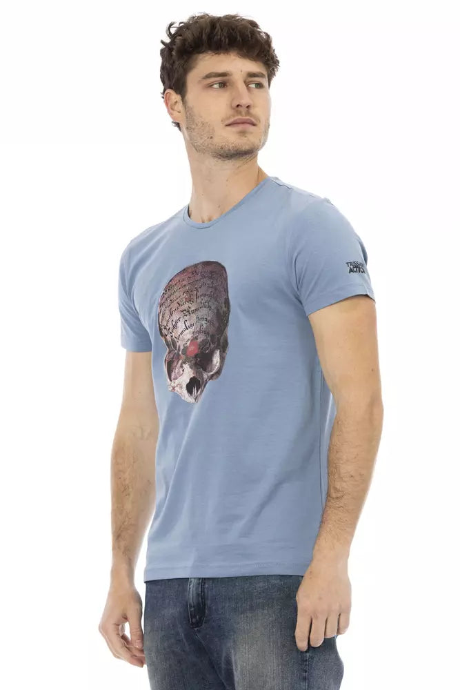 Man wearing blue t-shirt with graphic design on front
