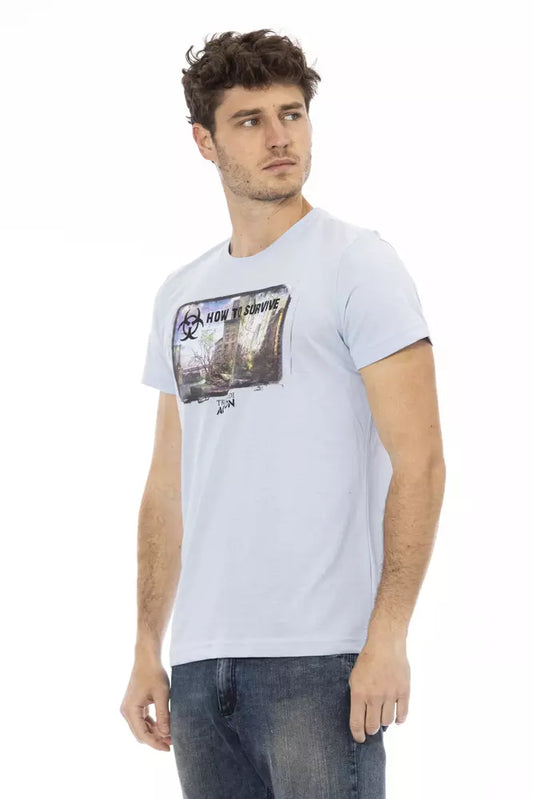 Man wearing blue t-shirt with graphic design on front