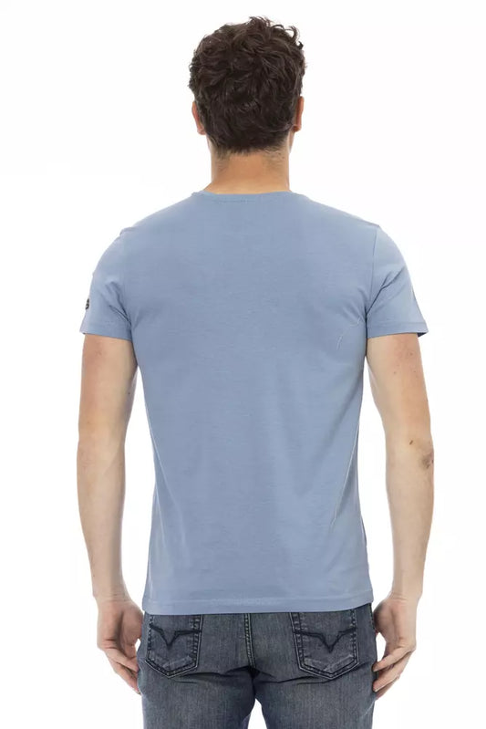Man wearing blue t-shirt