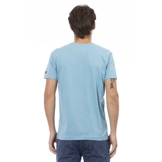 Man wearing blue t-shirt