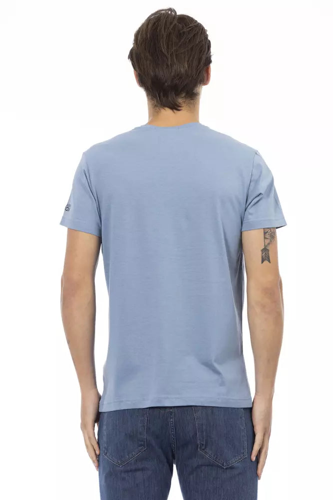 Man wearing blue t-shirt