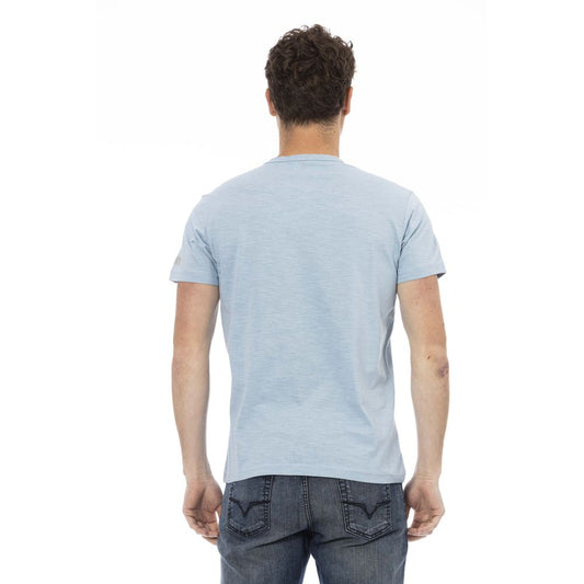 A light blue cotton men's t-shirt with short sleeves and a crew neckline