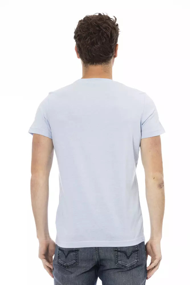 Man wearing blue t-shirt