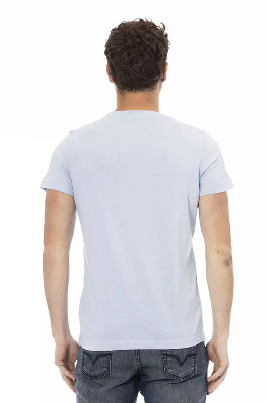 Man wearing blue t-shirt