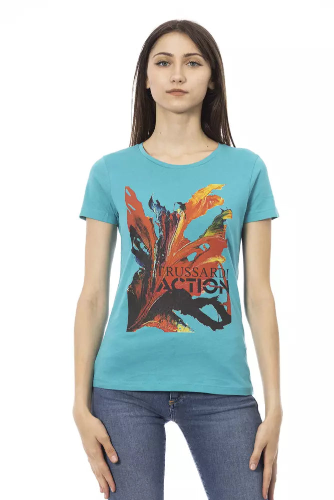 Woman wearing blue t-shirt with colorful graphic design on front